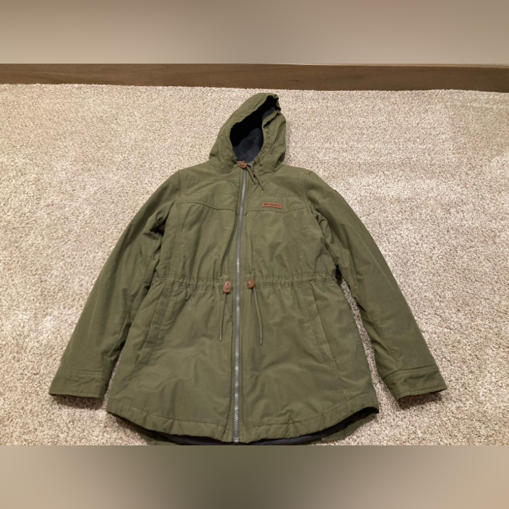 Women Columbia chatfield hill winter jacket coat olive green waist tie hood zip